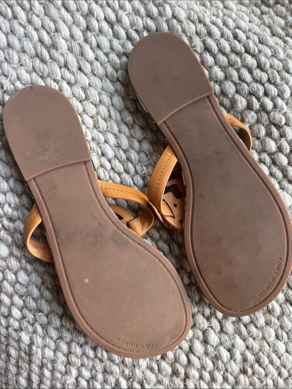 Tory Burch Tan Leather Logo Thong Sandals with Multicolor Trim
